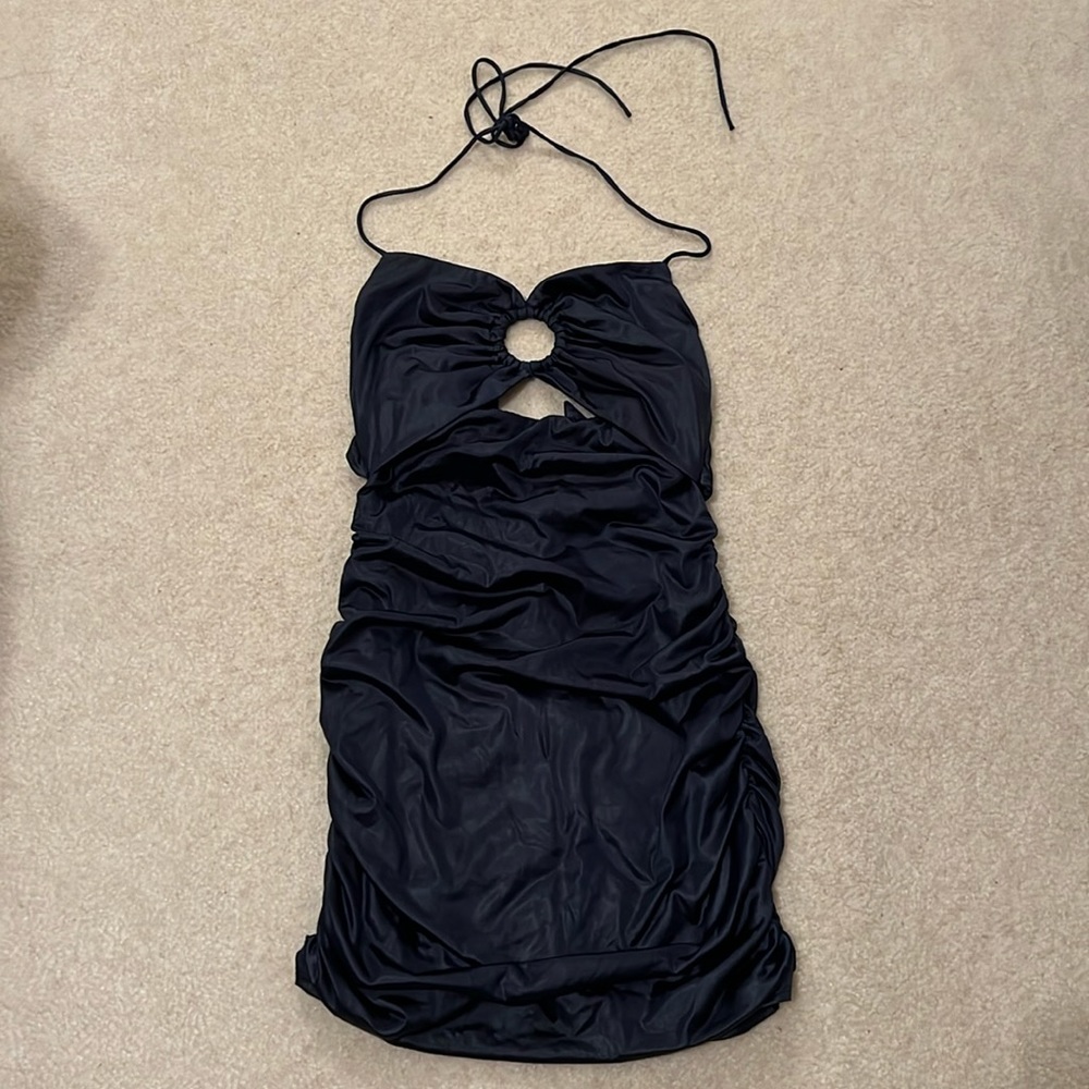 lucy in the sky navy silk halter minidress